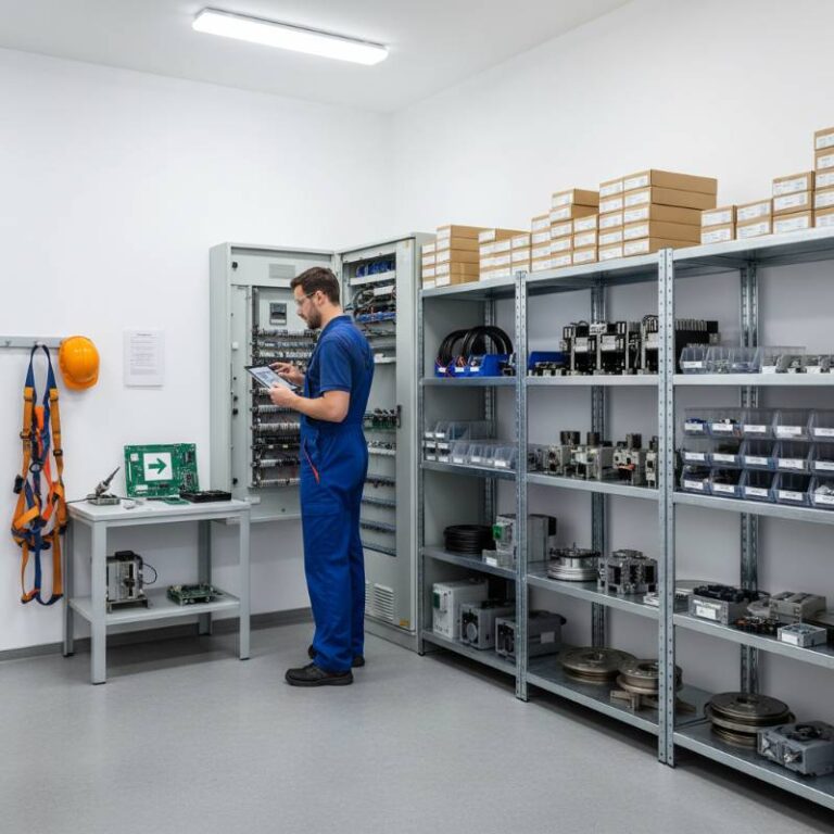 Technik serwisujący dźwig osobowy oraz zestaw niezbędnych części zamiennych do wind w magazynie technicznym.